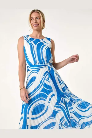Roman Petite Print Tie Waist Pleated Dress36