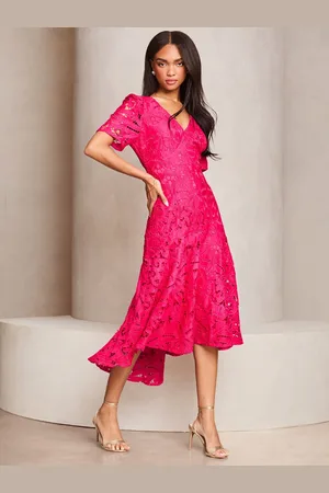 Lipsy London Premium Broderie Lace Short Sleeve V-Neck High Low Midi Dress44