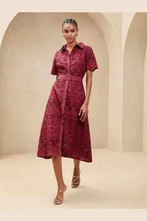 Lipsy London Premium Broderie Lace Belted 100% Cotton Shirt Midi Dress44