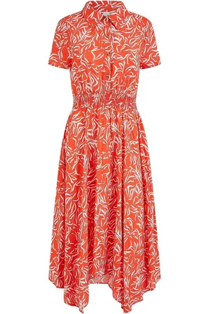 Yumi Leaf Print Dip Hem Midi Shirt Dress42
