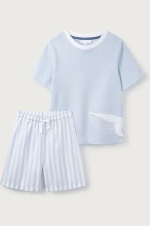 The White Company Blue Relaxed Fit 100% Organic Cotton Whale Embroidered Shortie Pyjamas104110cm