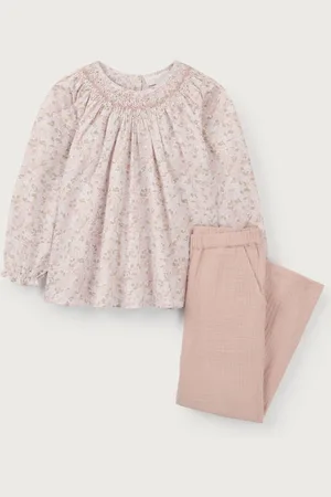 The White Company 100% Organic Cotton Petunia Hand Smocked Blouse & Crinkle White Trousers5662cm