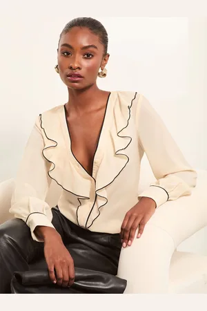 Lipsy London Tipped V-hals Flæsekant Langærmet Bluse38