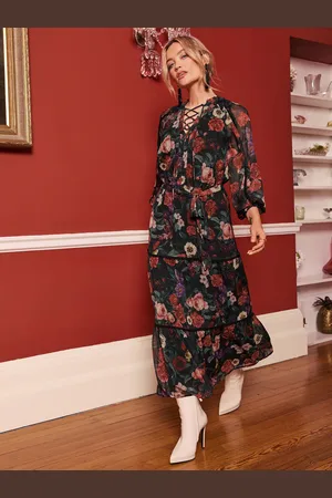 Love & Roses 3/4 Sleeve Tie Detail Tiered Midi Dress44