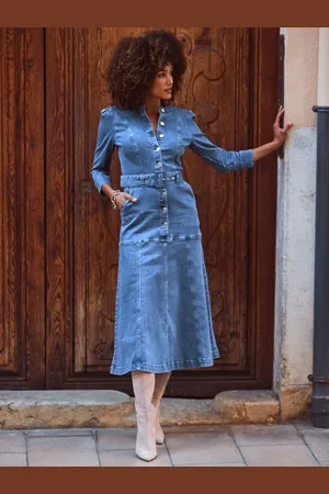 Sosandar Paneled Nederdele Button Front Denim Kjole44