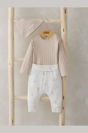Mamas & Papas Duckling 100% Cotton Brown Bodysuit, Leggings & Hat Outfit Set6874cm