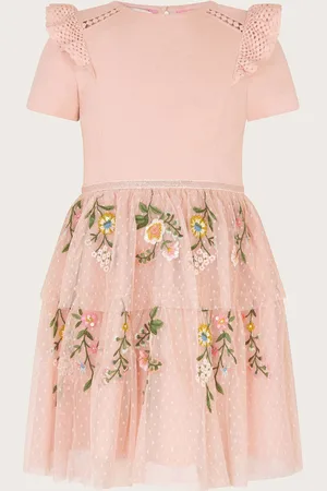Monsoon Short Sleeve Floral Print Embroidered Tulle Dress11 - 12 år (146 - 152cm)