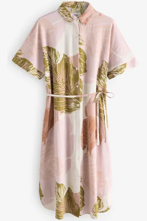 Next Short Sleeve Tie Waist Midi Dress with LinenM XL Høj