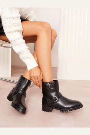 Friends Like These Flat Buckle Detail Chunky Faux Leather Biker Bootseu39