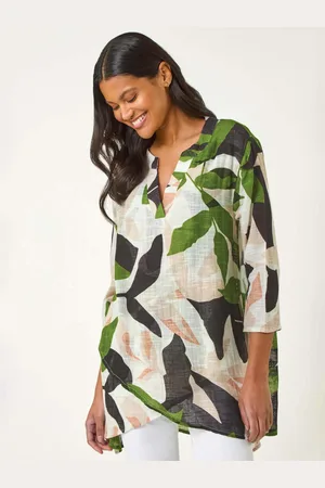Roman Leaf Print Wrap Front 100% Cotton Tunic Top44