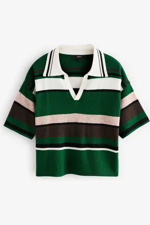 Next Stripe Short Sleeve V-Neck Polo Collar Knitted Jumper With WoolM Reg