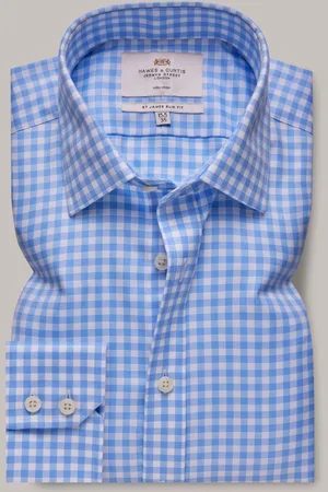 Hawes & Curtis Slim Blue Non-Iron Gingham Check 100% Cotton Shirt39cm R (UK 15.5 R)