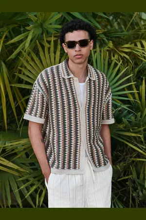 Next Relaxed Fit Short Sleeve Crochet Knit Button Through Polo Shirtmedium