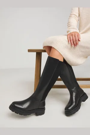 Simply Be Back Stretch Panel Chunky Flat Knee High Boots In Wide Fit Standard Calf