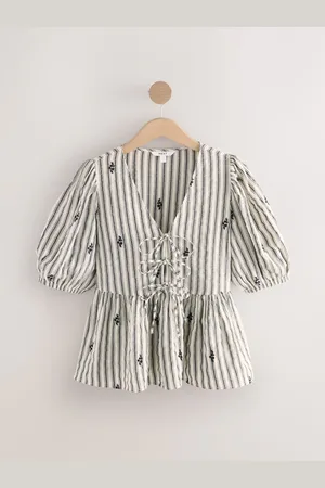 Next Tie Front Peplum V-Neck Top with Embroidery