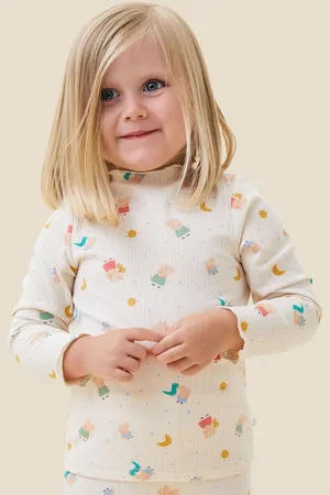 Mori Cream Økologisk Bomuld og Bambus Ribbet Peppa Pig Tryk Langærmet Top5 - 6 år (110 - 116cm)