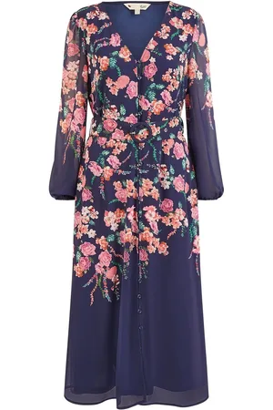 Yumi Button Up Midi Dress With Floral Print Placement And Long Sleeves36