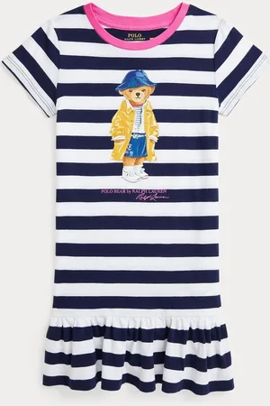 Ralph Lauren Girls Striped Polo Bear 100% Cotton Jersey Blue/White Dress13 år (158cm)