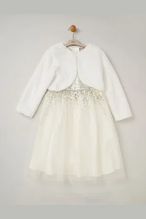 MISS Pailletter Waterfall Kjole Med Faux Fur Bolero Outfit Sæt3 - 4 år (98 - 104cm)