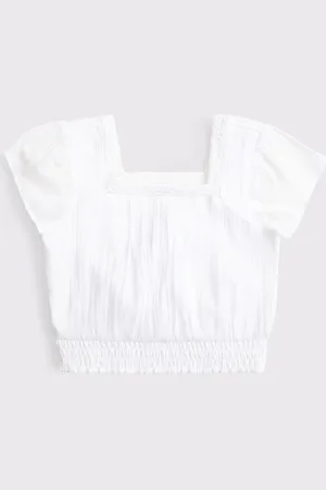 Abercrombie & Fitch White Woven Lace Trim Frill Sleeve Crop Top166168cm