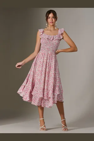 Jolie Moi Ruffle Shirred Woven Midi Dress44
