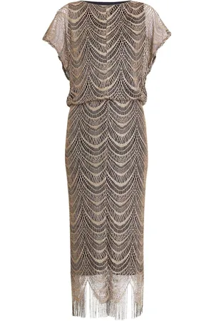 Gina Bacconi Arleen Long Blouson Frynse Hem Kjole38