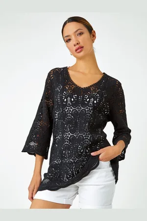 Roman Crochet V-Neck 3/4 Sleeve 100% Cotton Tunic Top48