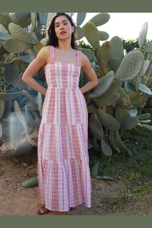 Threadbare 100% Cotton Check Shirred Guaze Tiered Midi Dress