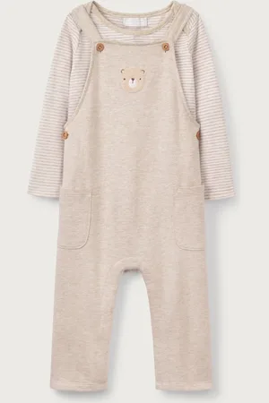 The White Company 100% Organic Cotton Bear Print White Dungaree And Stripe Top Set8086cm