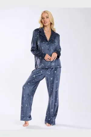 Loungeable Super Soft Velour Star Foil Print Buttoned PyjamasS