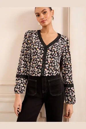 Love & Roses Printed Jersey V-Neck Lace Trim Long Sleeve Blouse48