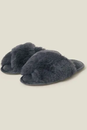 Accessorize Luxe Cross Strap Faux Fur SlippersS