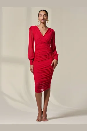 Jolie Moi Langærmet Ruched Mesh Midi Kjole36