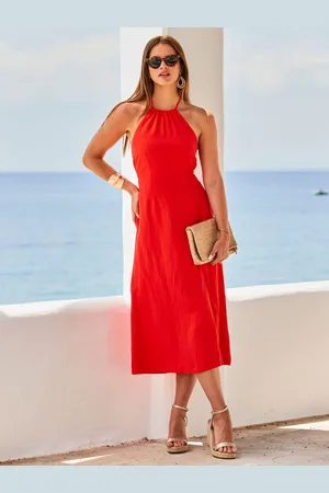 Sosandar Linen Halter Neck Fit & Flare Dress48