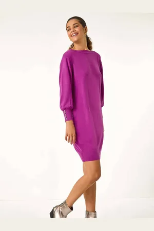 Roman Button Detail Slash Neck Knitted Stretch Jumper Dress40