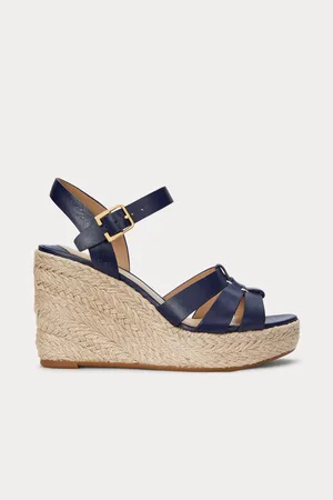 Ralph Lauren Blue Soffia Nappa Leather Wedge Espadrille Sandals