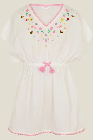 Accessorize Girls Floral Embroidered Kaftan 100% Cotton Dress5 - 6 år (110 - 116cm)