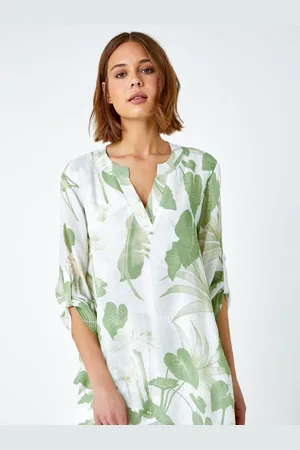 Roman Palm Print Wrap Hem Tunic Top44