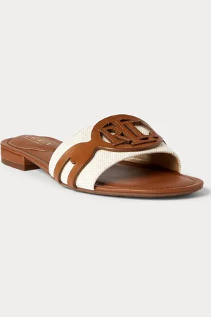 Ralph Lauren Alegra Two Tone Leather Tan Brown Sandals Sliders