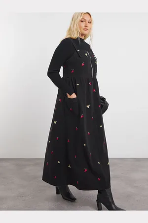 Simply Be 100% Cotton Floral Embroidered Midaxi Apron Denim Dress44