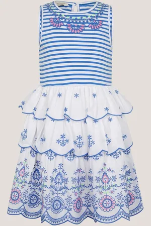 Monsoon 100% Cotton Broderie Stripe Tiered Dress3 - 4 år (98 - 104cm)