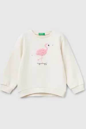 Benetton Ben Piger Cream grafisk broderet Sweatshirti 100% bomuld104110cm