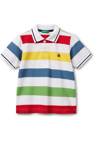 Benetton Younger Boys Striped 100% Cotton White Polo Shirt104110cm