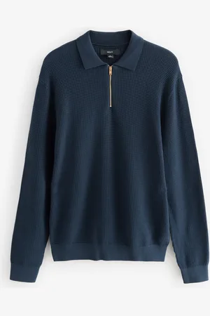 Next Regular Fit 100% Cotton Long Sleeve Textured Knit Zip Polo Shirt3XL Reg
