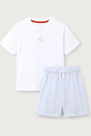 The White Company Relaxed Fit Blue 100% Cotton Treasure Island Logo and Stripe Woven Short Pyjamas Set98104cm