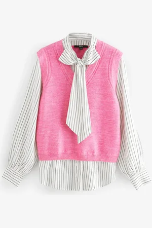 Next Tie Bow Collared Knitted Layer Tank Shirt with WoolL Reg