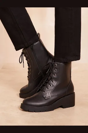 Friends Like These Low Wedge Lace Up Ankle Faux Leather Boots
