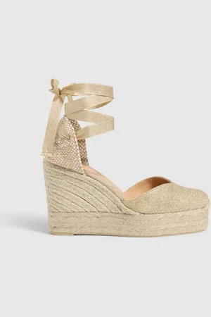 Castaner Gold Platform Wedge Heel Ankle Tie Metallic Linen Espadrilles