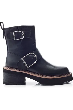 Moda In Pelle Barbel Buckle Detail Chunky Leather Biker Black Boots
