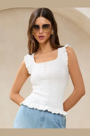 Lipsy London Wave Stitch Frill Ruffle Shell Button Square Neck Knit Vest Top36